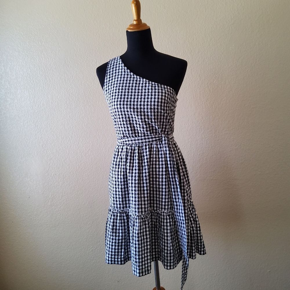 NWT Crown & Ivy One Shoulder Checkered Ruffle Tiered Mini Dress Black White